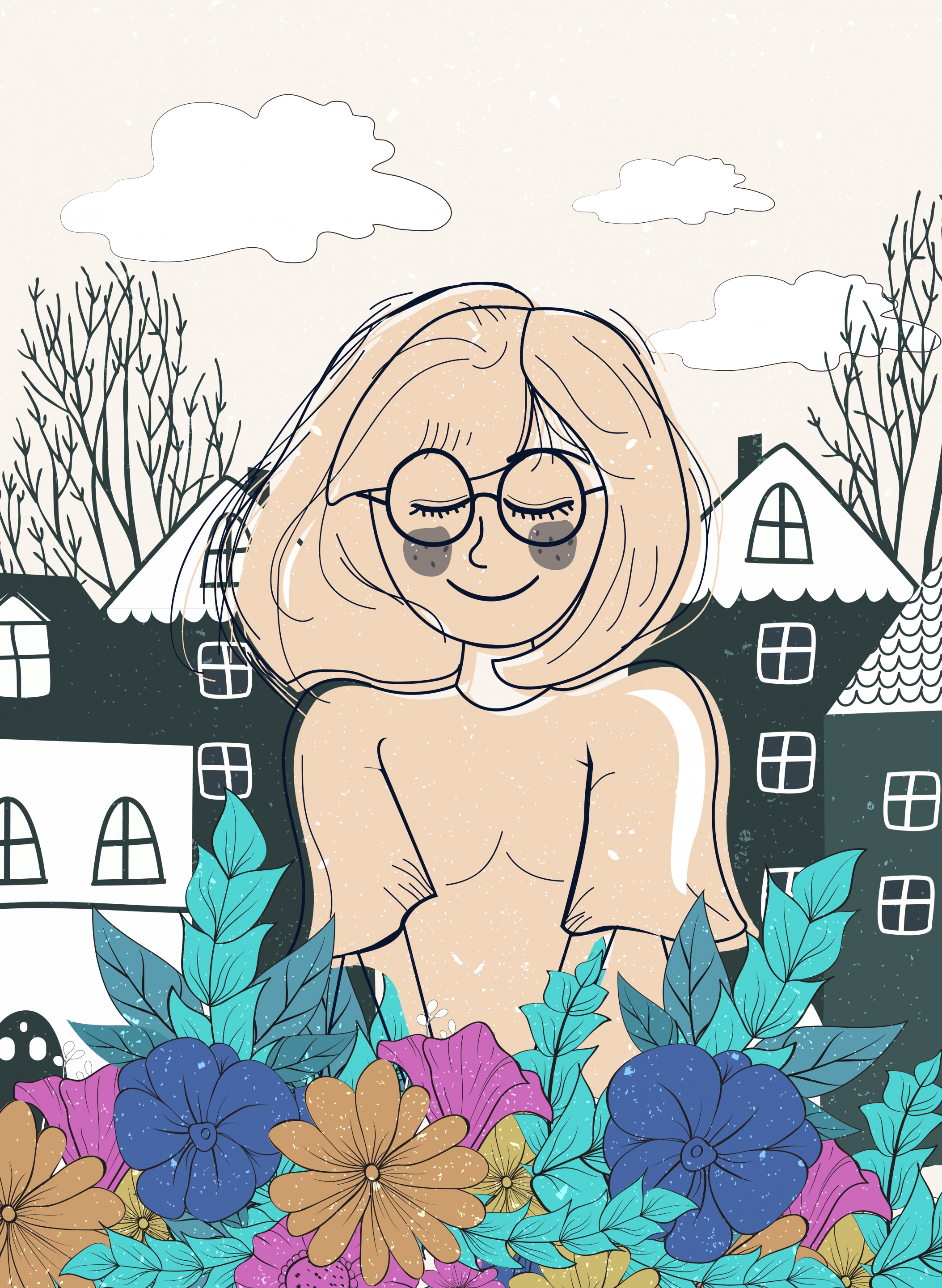 Carte sainte Catherine : fille et fleurs