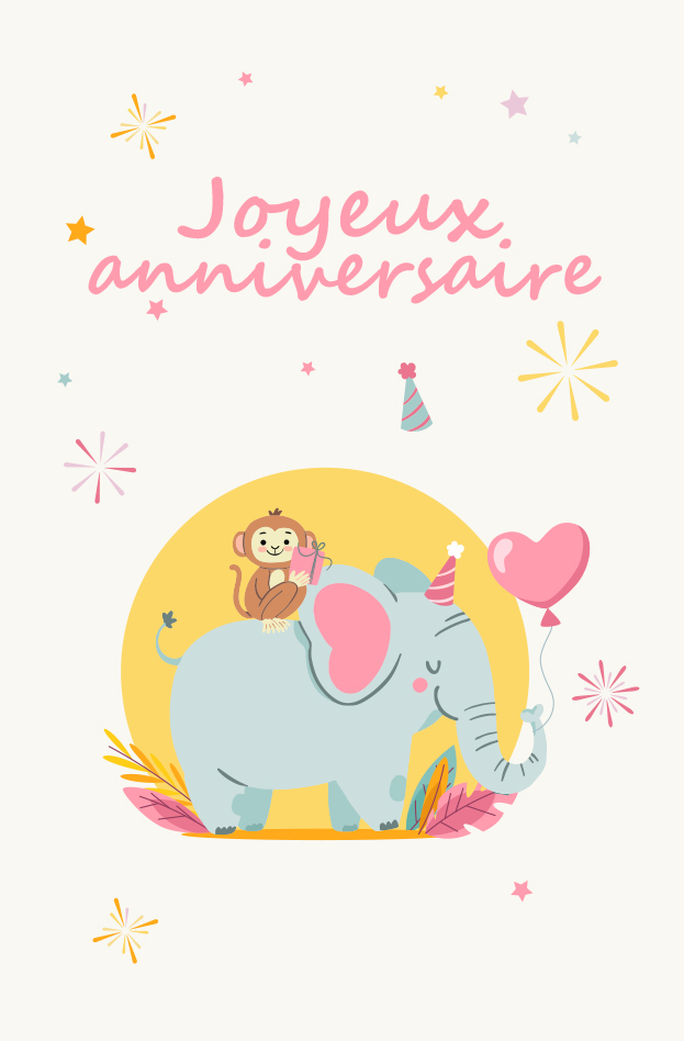 Très belle carte gratuite d'anniversaire pour enfant avec petit singe et éléphant