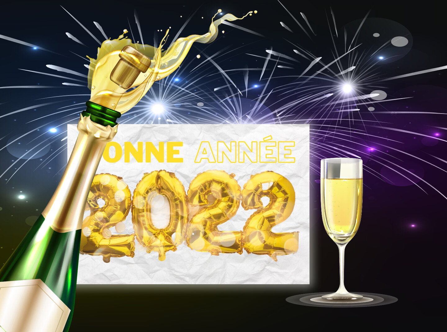 Carte bonne année 2022 blanche et jaune