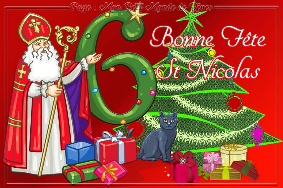 Carte saint Nicolas avec des cadeaux et chat