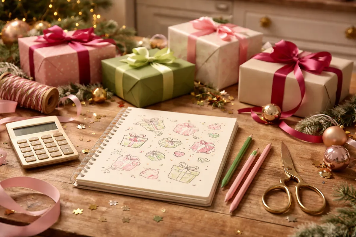 Des paquets emballés, un carnet orné de dessins, une calculatrice, des ciseaux et des rubans sur une table en bois