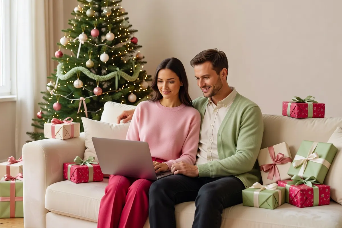 Un couple assis sur un canapé consulte un ordinateur près d’un sapin décoré et de paquets cadeaux