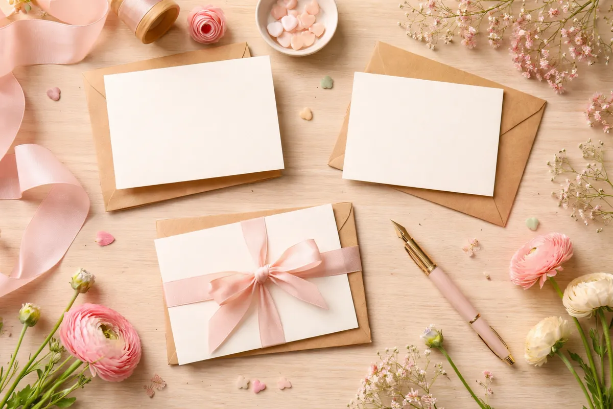 Des cartes vierges et des enveloppes en kraft posées sur une table avec un ruban rose, un stylo-plume et des fleurs