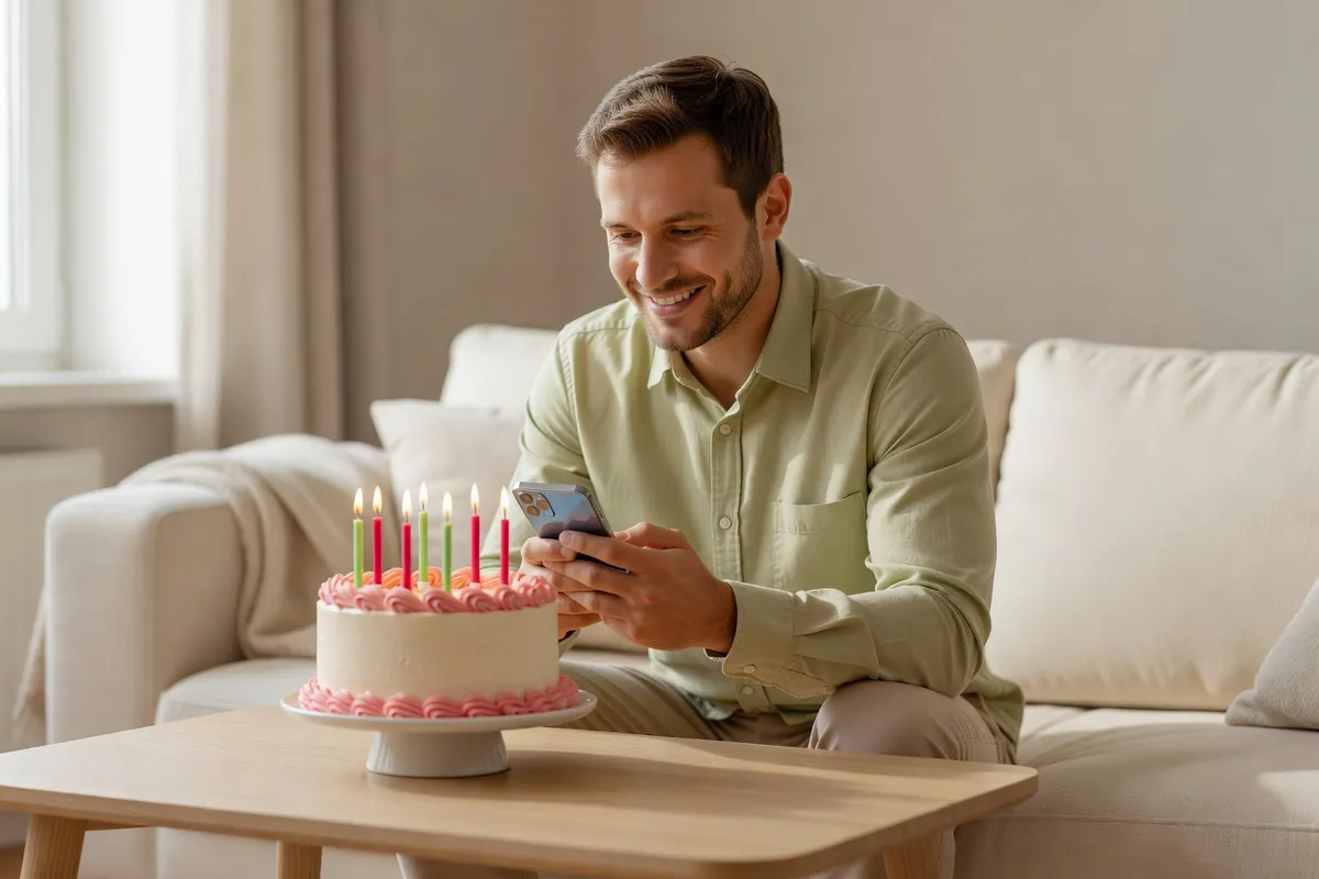 Un homme sur un canapé lit un message sur son téléphone avec le sourire, un gâteau à bougies posé sur la table basse devant lui
