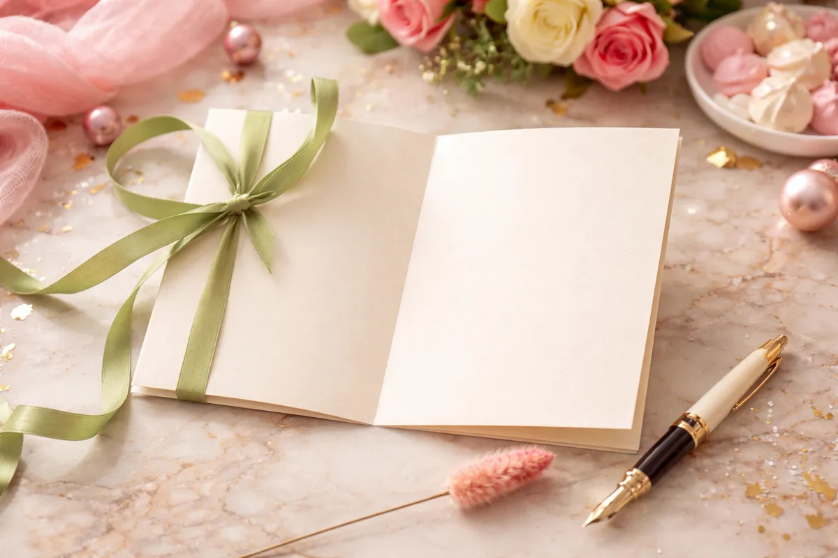 Une carte vierge ouverte, nouée d’un ruban vert, posée près d’un stylo-plume, de roses et de dragées sur une table en marbre rose