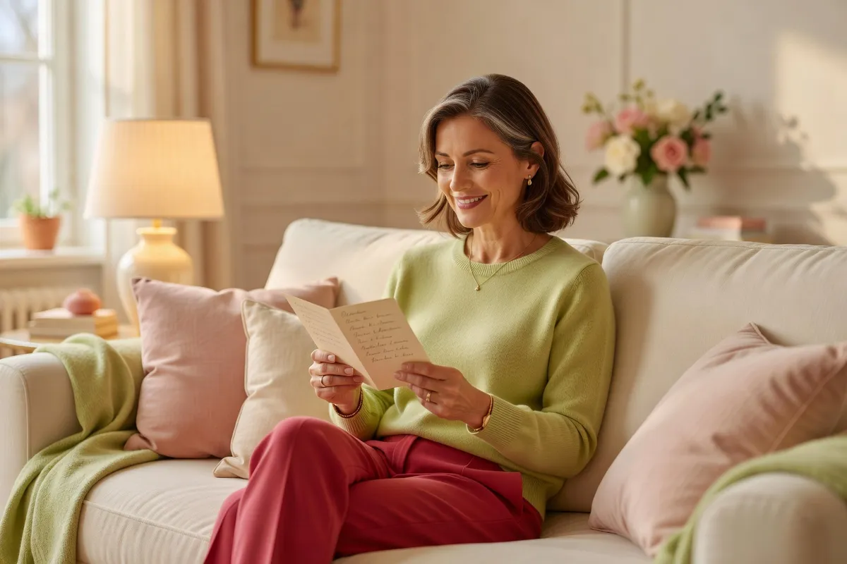 Une femme assise sur un canapé crème lit une carte d’anniversaire avec le sourire, des coussins roses autour d’elle