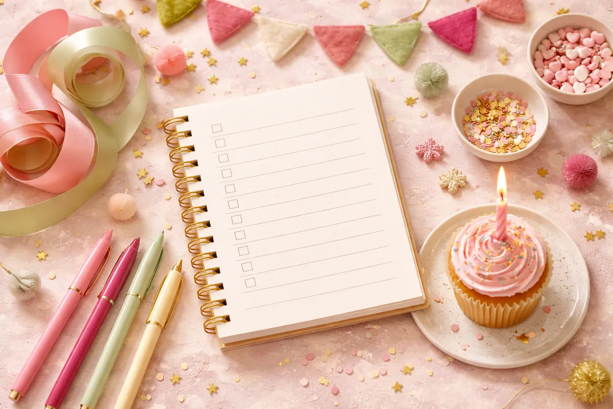 Un carnet, des stylos de couleur, des guirlandes et un cupcake avec une bougie posés sur une table, vus de dessus
