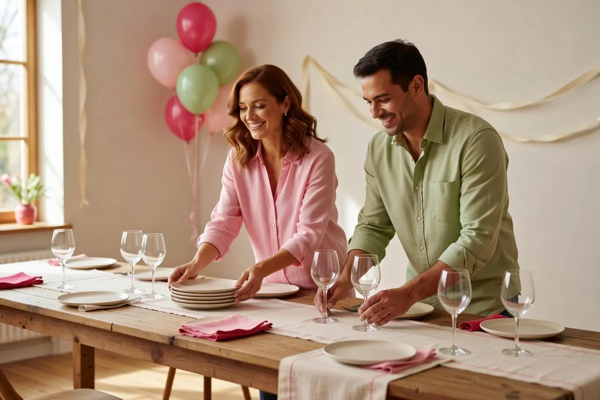 Un homme et une femme dressent ensemble une longue table de fête avec assiettes, verres et serviettes roses, en souriant