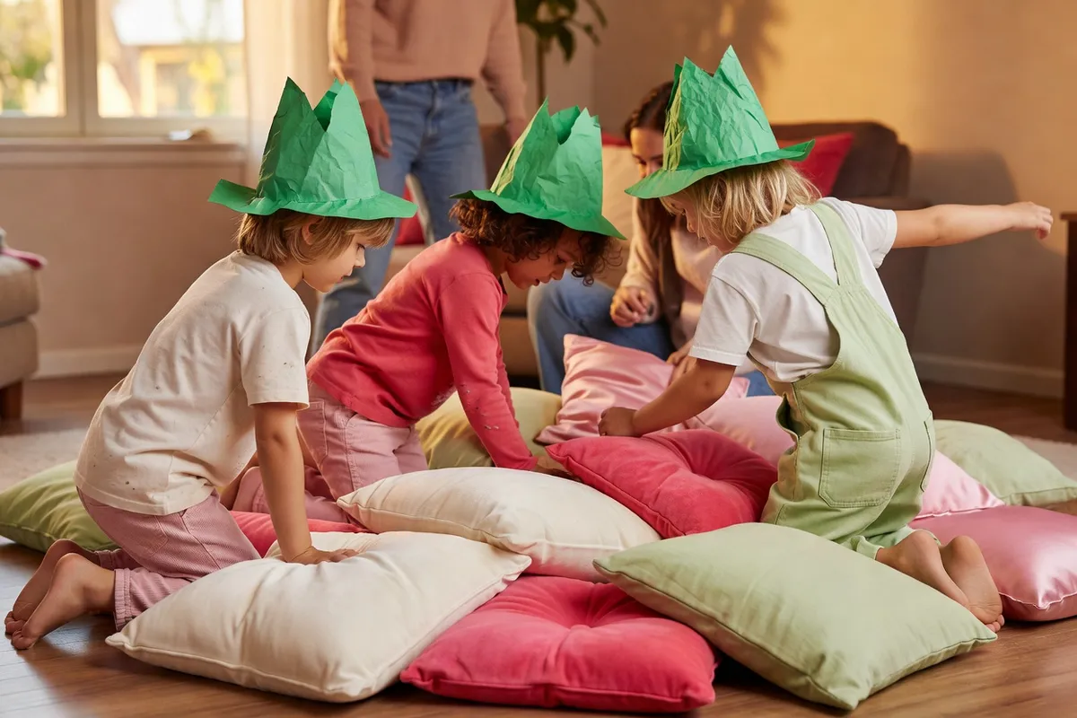 Trois enfants coiffés de chapeaux pointus verts jouent sur des coussins dans un salon, un adulte debout derrière eux