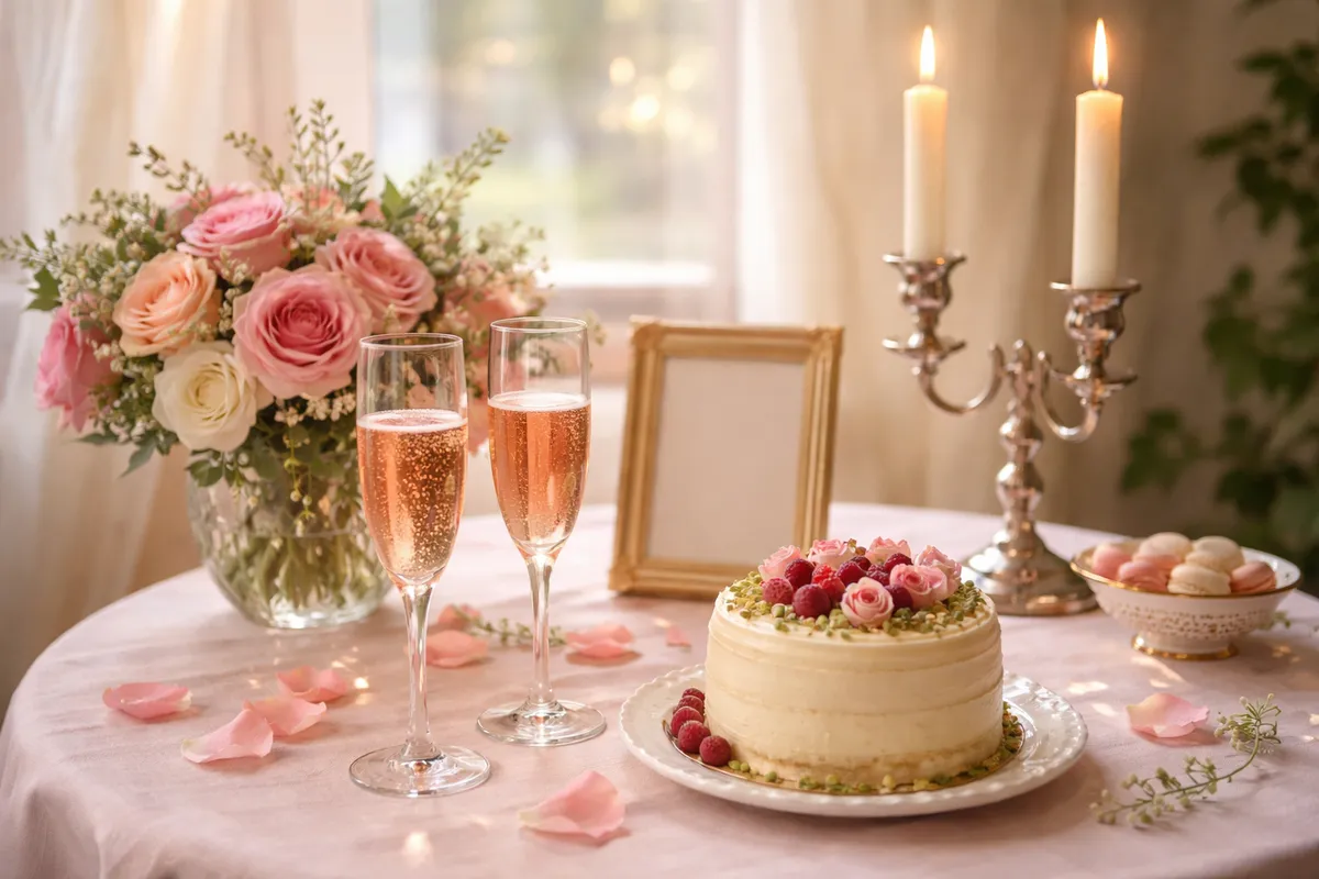 Une table dressée pour deux avec chandelier argenté, petit cadre vide, bouquet de roses, deux verres de jus pétillant et un petit gâteau