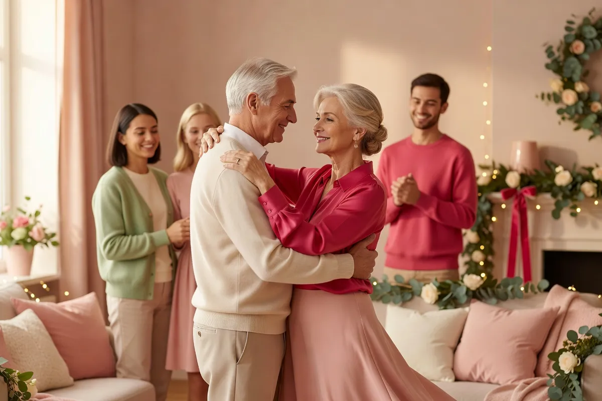 Un couple d’une soixantaine d’années danse lentement dans un salon décoré, leurs enfants adultes sourient en arrière-plan