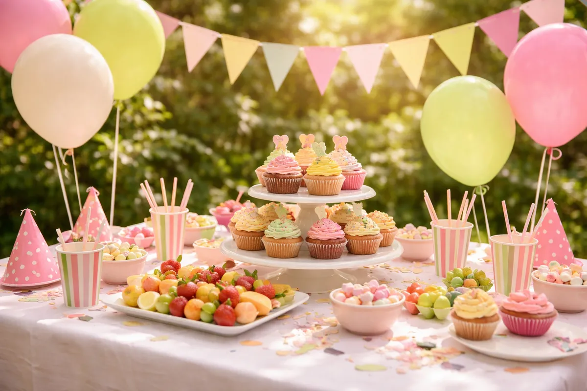 Une table de goûter d’anniversaire avec des cupcakes colorés, des brochettes de fruits, des gobelets en papier, des ballons et une guirlande