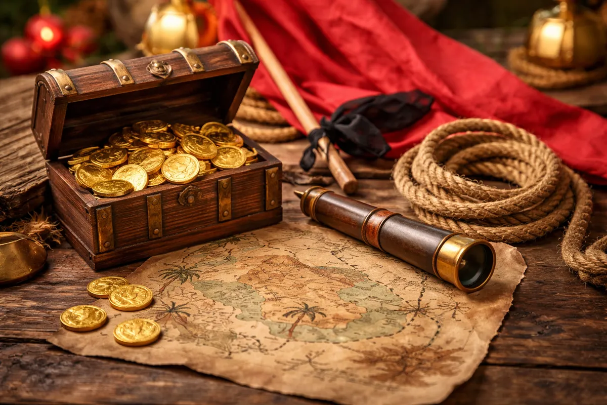 Un trésor de fête : carte sans texte, coffre en bois rempli de pièces de chocolat dorées, longue-vue, corde et drapeau rouge uni