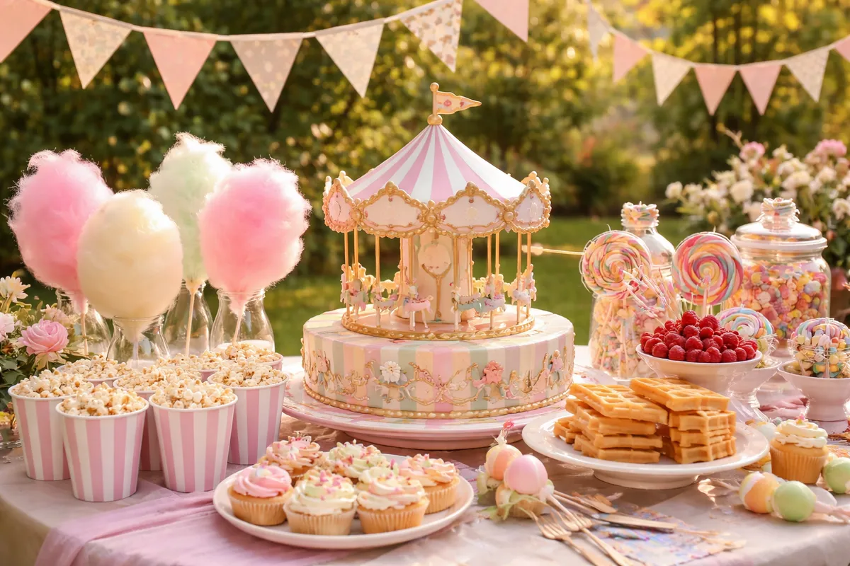 Buffet d’anniversaire avec fanions, gâteau en forme de manège, barbe à papa, cornets de pop-corn, gaufres, framboises et sucettes