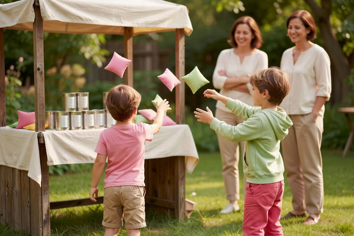 Un enfant lance un petit coussin vers une pyramide de boîtes de conserve sur un stand en bois, deux adultes et un autre enfant le regardent