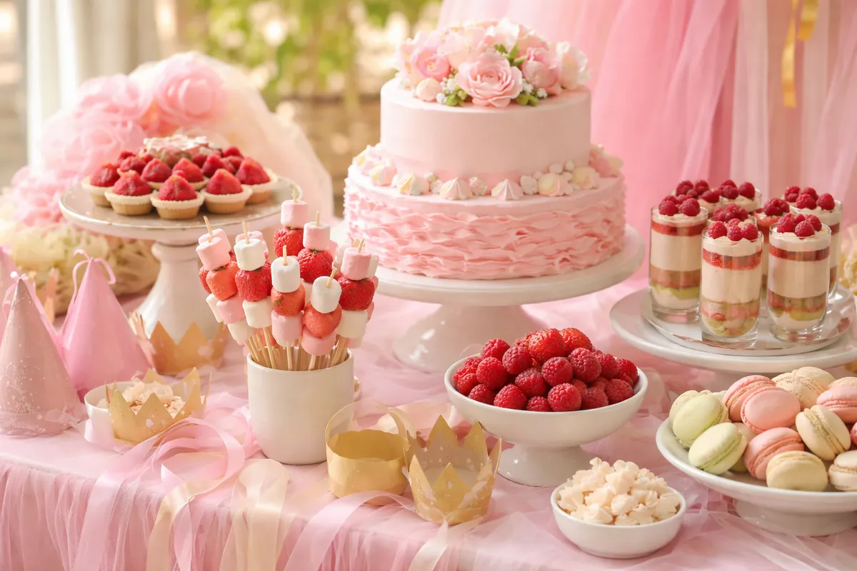 Table de goûter rose et violette avec tulle blanc, couronnes en carton et assiettes de fruits rouges
