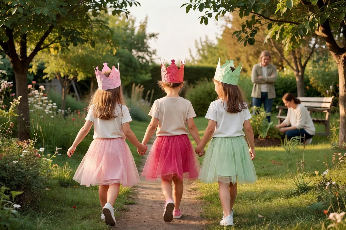 Trois petites filles en jupes de tulle et couronnes en papier marchent main dans la main sur un chemin de jardin