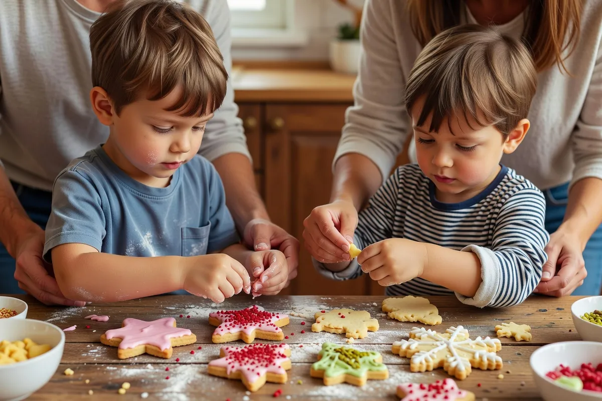 Deux enfants, guidés par des adultes dont on ne voit que les mains, décorent des biscuits de Noël sur une table farinée