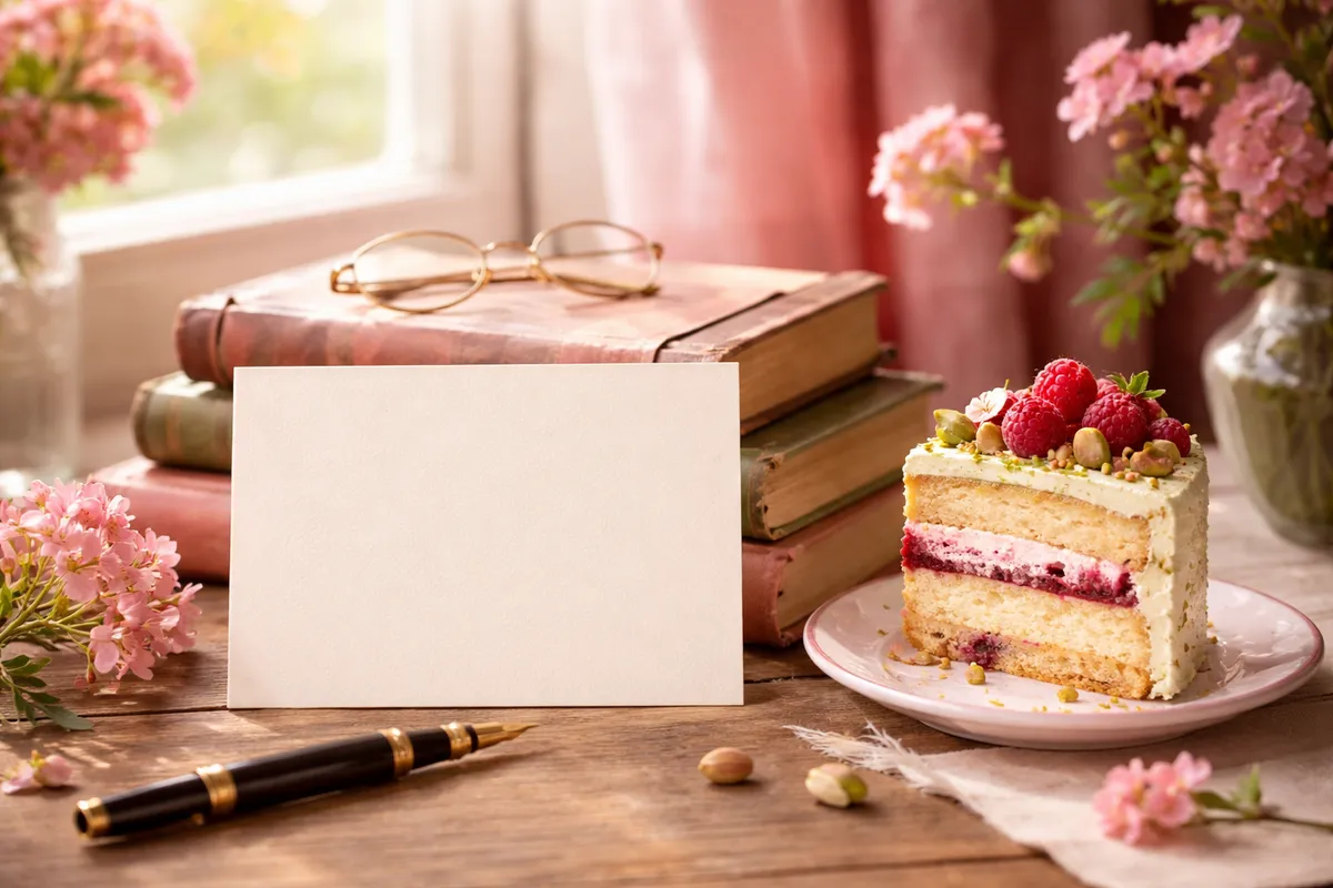 Une carte vierge de couleur crème posée contre une pile de vieux livres, avec un stylo plume et une part de gâteau