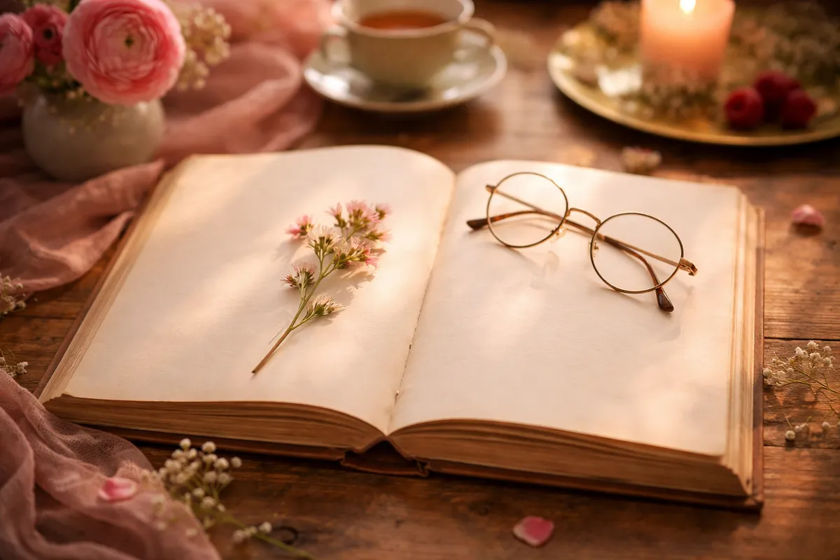 Un vieux livre ouvert avec une fleur séchée et des lunettes de lecture sur une table en bois, dans une lumière dorée