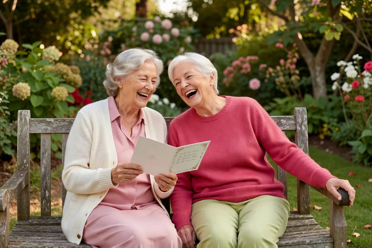 Deux femmes âgées aux cheveux argentés rient sur un banc de jardin, l’une tenant une carte d’anniversaire