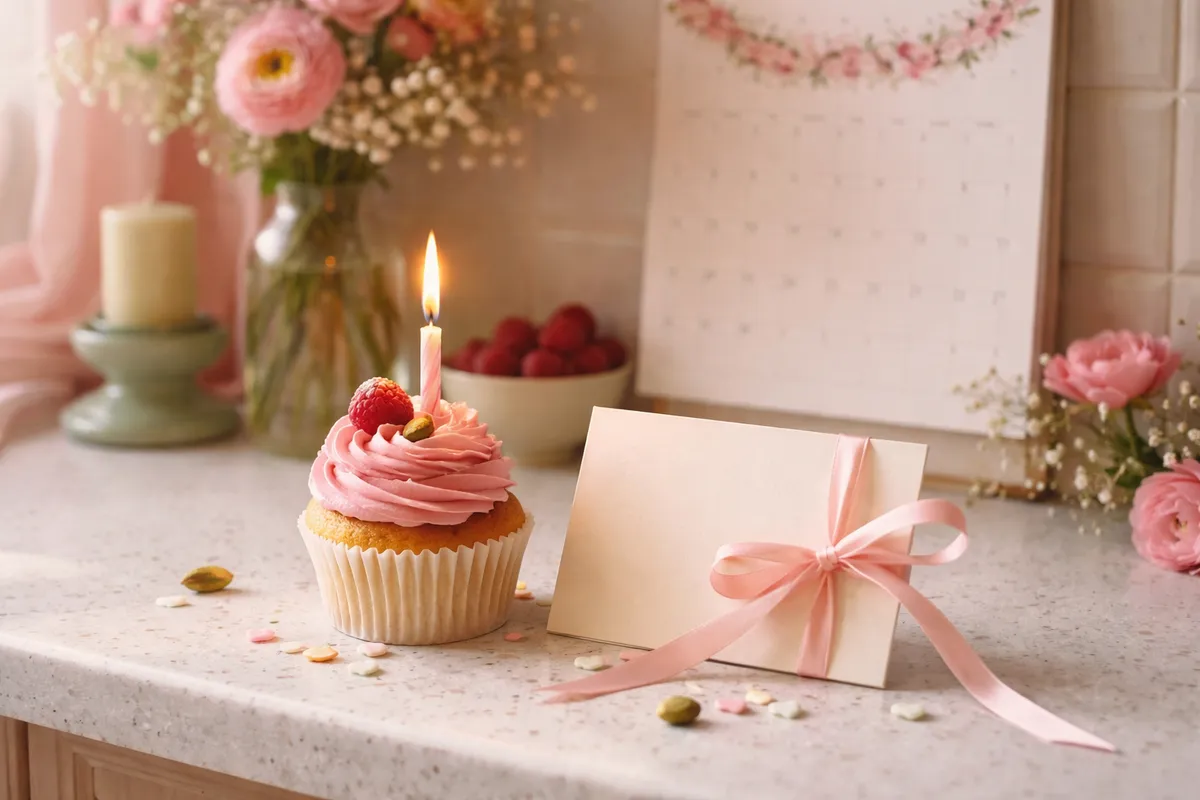 Un petit gâteau à bougie et une carte nouée d’un ruban sur un plan de travail de cuisine, à côté d’une page de calendrier