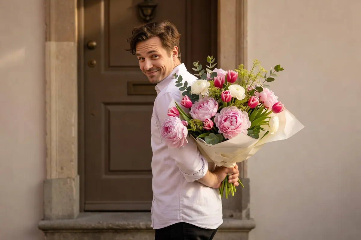 Un homme souriant tient un gros bouquet de fleurs roses devant lui, sur le pas d’une porte d’entrée