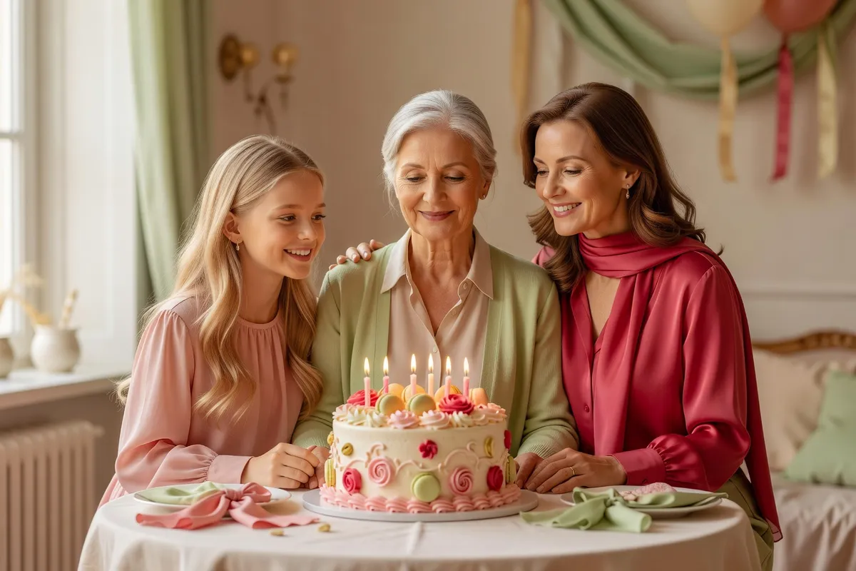 Trois générations de femmes réunies autour d’un gâteau d’anniversaire