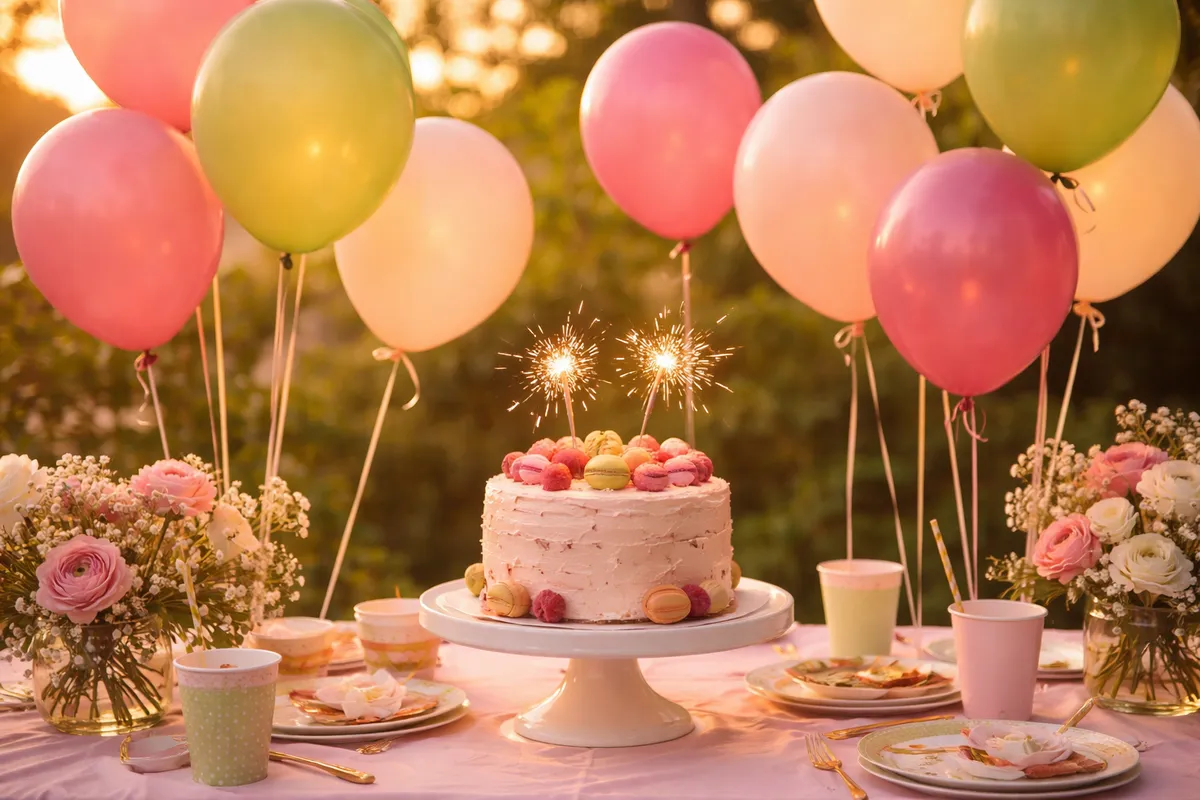 Des ballons roses et verts flottent au-dessus d’une table sur laquelle sont posés un petit gâteau et des cierges magiques, à l’heure dorée