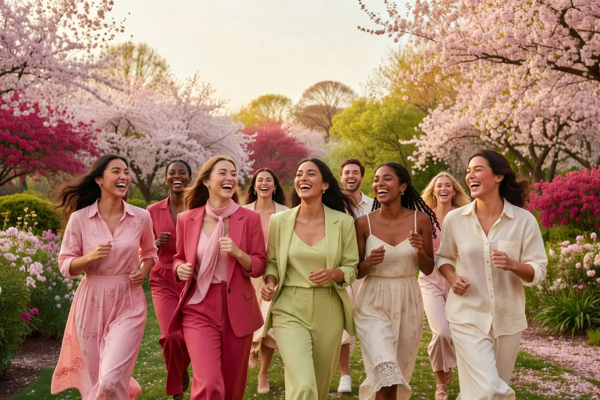 Un groupe de jeunes adultes court et rit ensemble dans un parc en fleurs