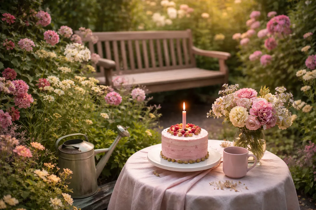 Un petit jardin avec un banc en bois, un arrosoir et un gâteau surmonté d’une bougie sur une petite table, dans la lumière du soir