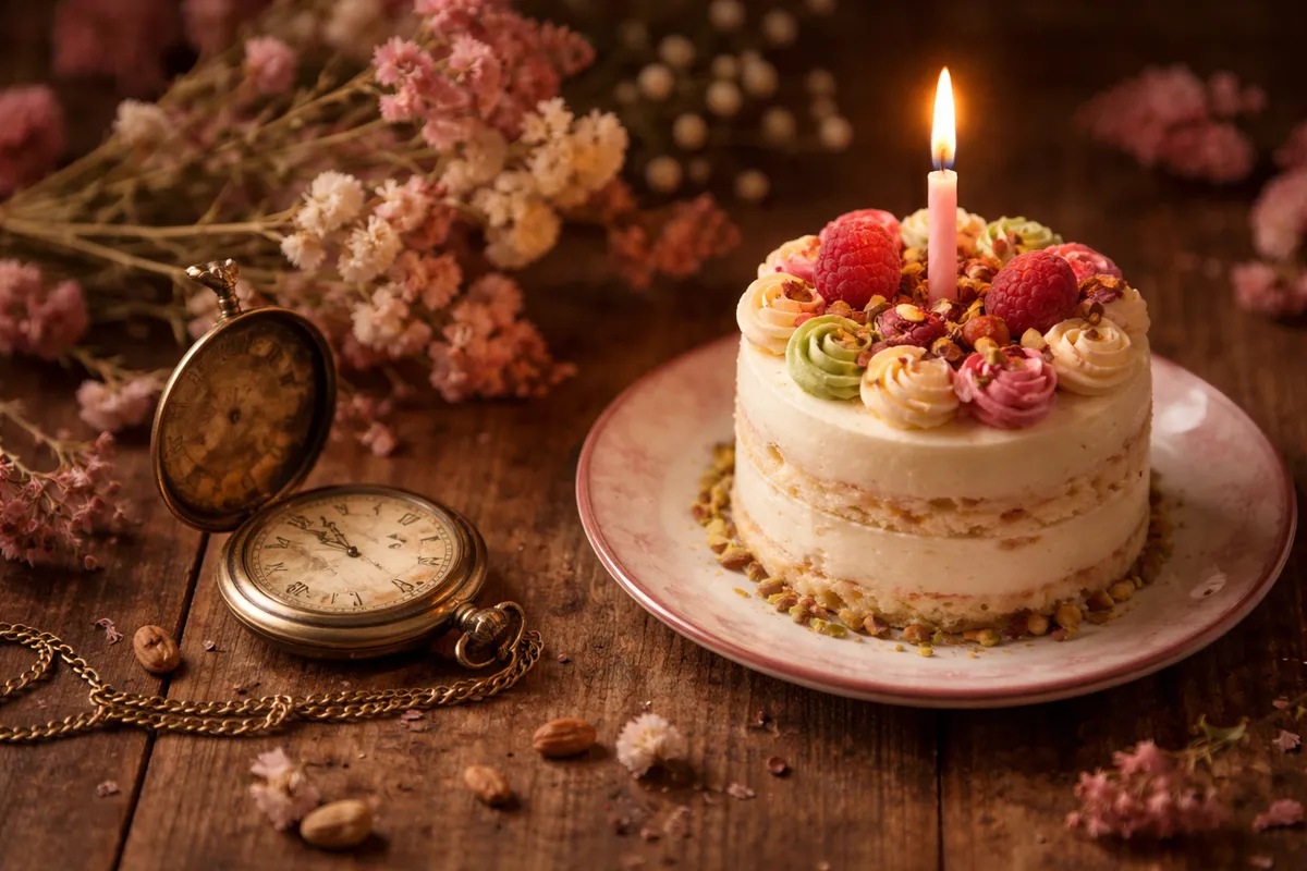Une montre ancienne ouverte posée près d’un petit gâteau à une bougie et de fleurs séchées sur une table en bois