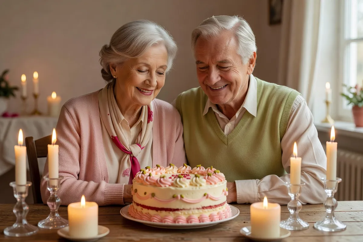 Un couple âgé assis côte à côte à une table éclairée par des bougies, souriant devant un gâteau