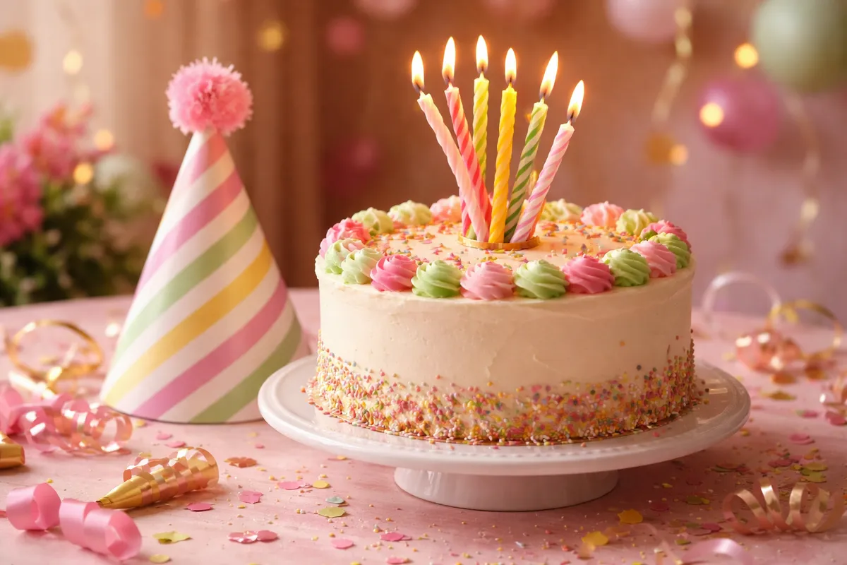 Un gâteau orné d’un empilement tordu de bougies colorées et d’un chapeau de fête posé à côté, sur une table