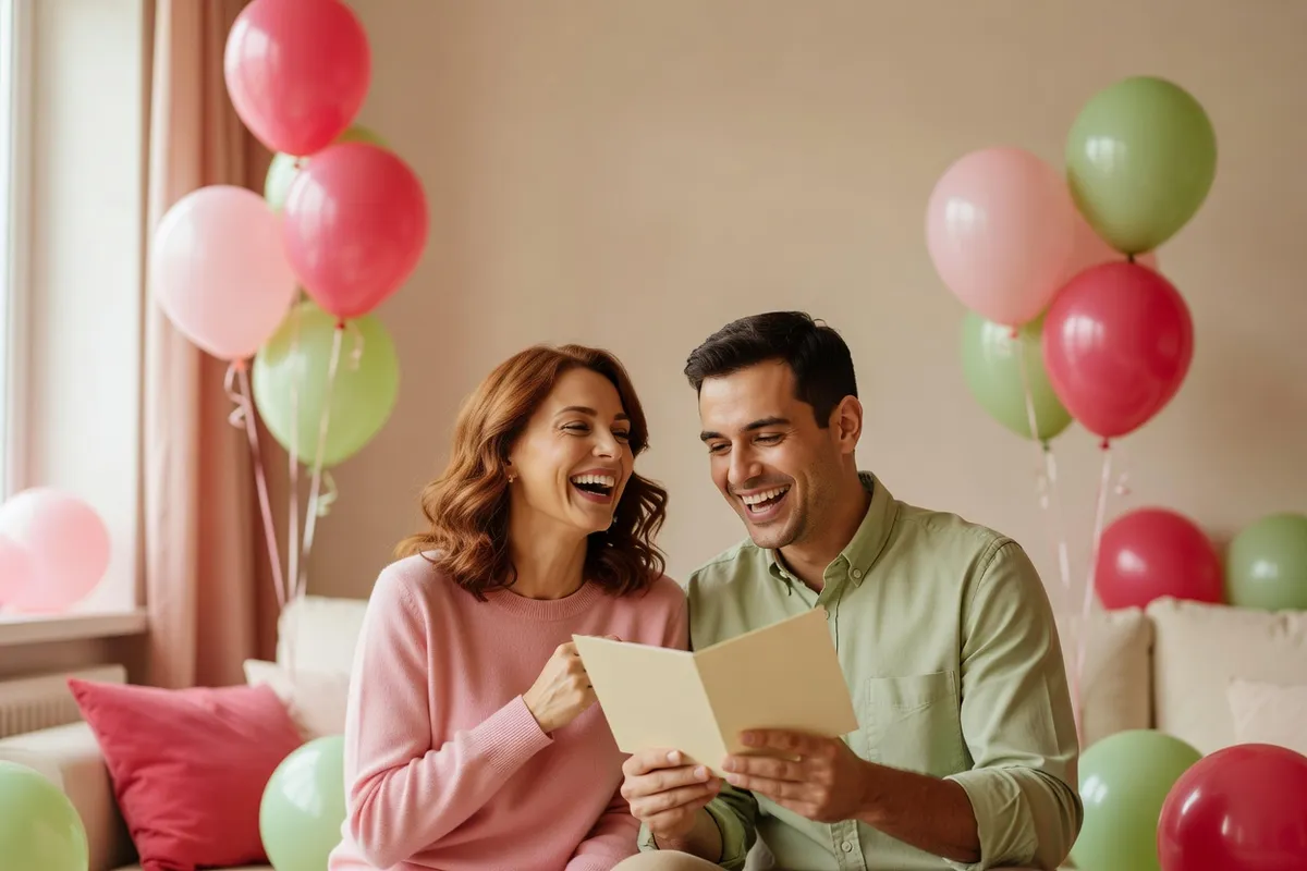 Deux amis adultes éclatent de rire pendant que l’un lit une carte, des ballons flottant derrière eux