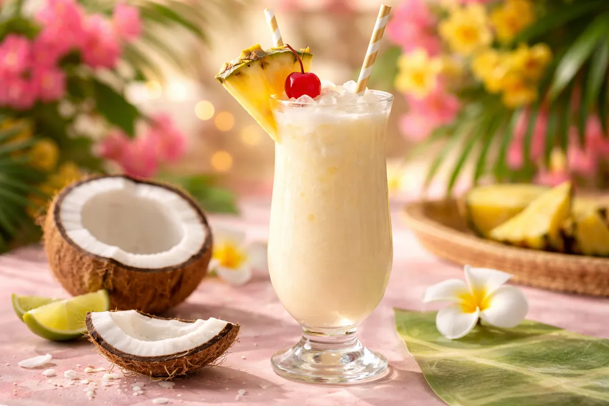 Un grand verre de boisson crémeuse garni d’une tranche d’ananas et d’une cerise, avec une noix de coco ouverte et des fleurs