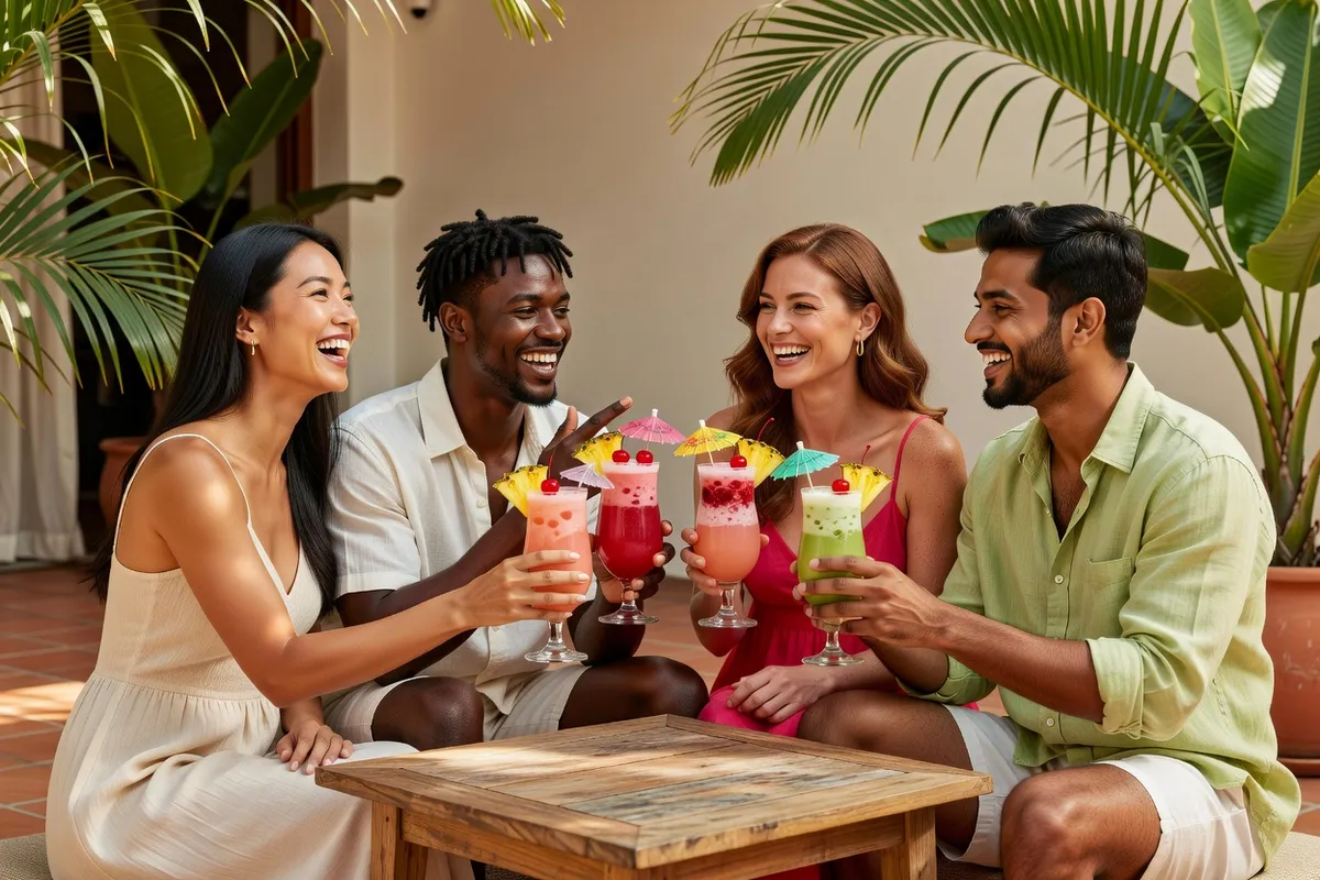 Quatre amis trinquent avec des boissons colorées garnies de petits parasols sur une terrasse tropicale