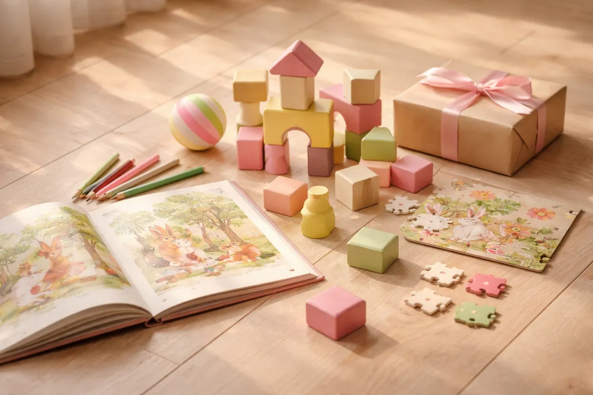 Des cubes de bois, une balle, des crayons de couleur, un livre illustré et un puzzle posés autour d’un paquet sur un parquet clair