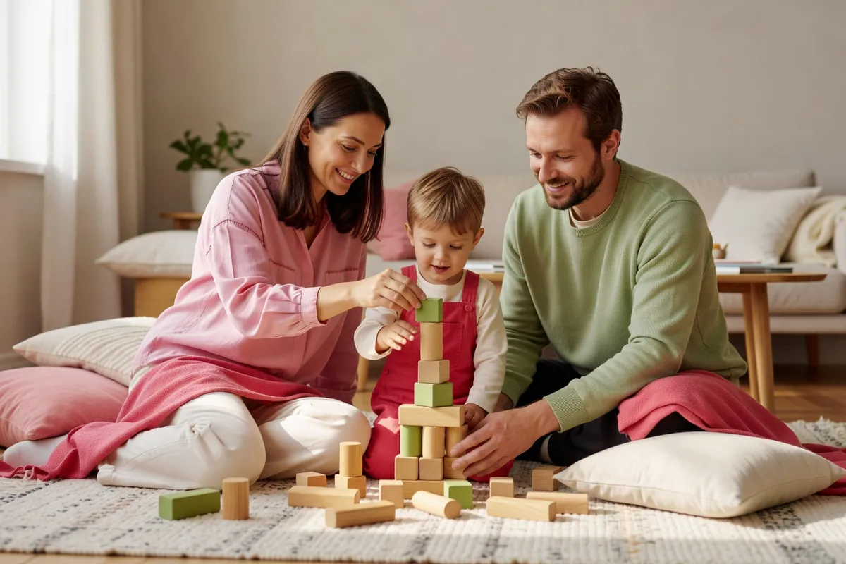 Deux parents assis sur un tapis construisent une tour de cubes en bois avec un jeune enfant