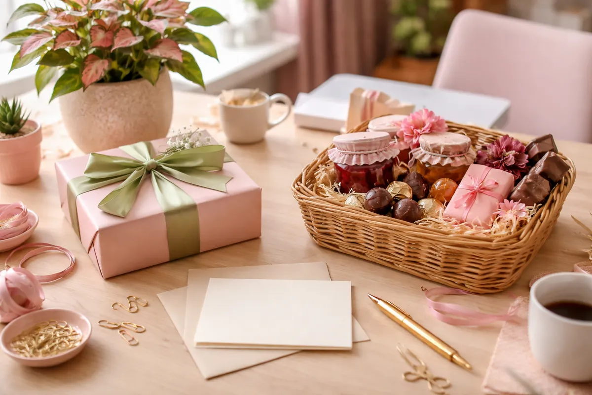 Un panier gourmand, un coffret à ruban vert, une plante, une carte vierge et un stylo posés sur un bureau