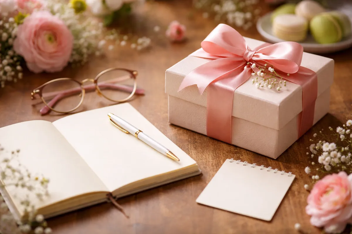 Un coffret à ruban rose, un carnet ouvert, un stylo et des lunettes posés sur une table en bois avec des fleurs