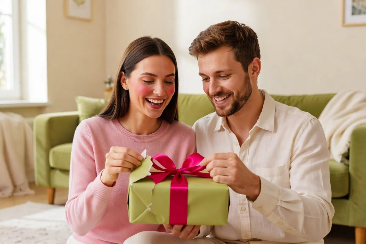 Un couple ouvre ensemble un coffret vert noué d’un ruban rose, sur un canapé vert