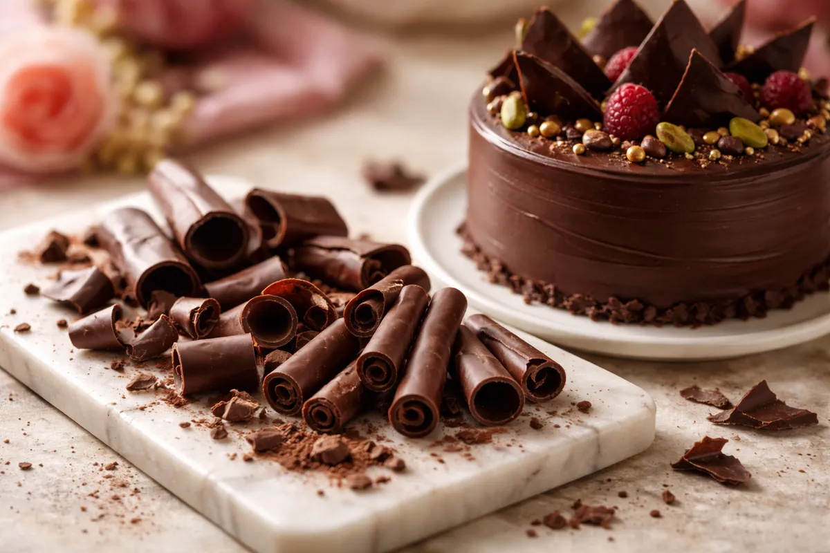 Copeaux, rubans et cigarettes de chocolat noir sur une planche en marbre, à côté d’un gâteau décoré d’éclats de chocolat et d’une framboise