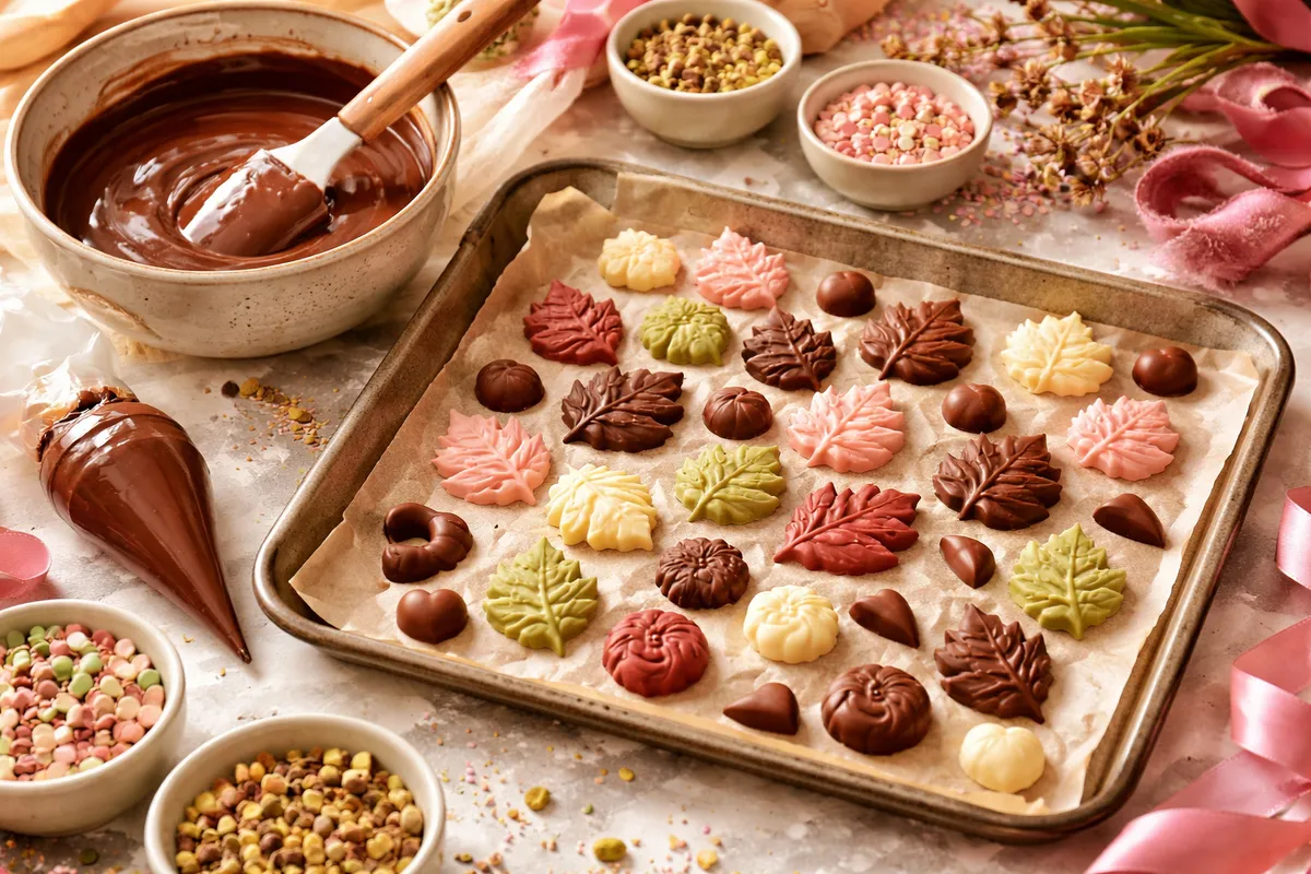 Un plateau tapissé de papier cuisson avec des feuilles et des formes en chocolat de plusieurs couleurs, un bol de chocolat fondu et une poche à douille