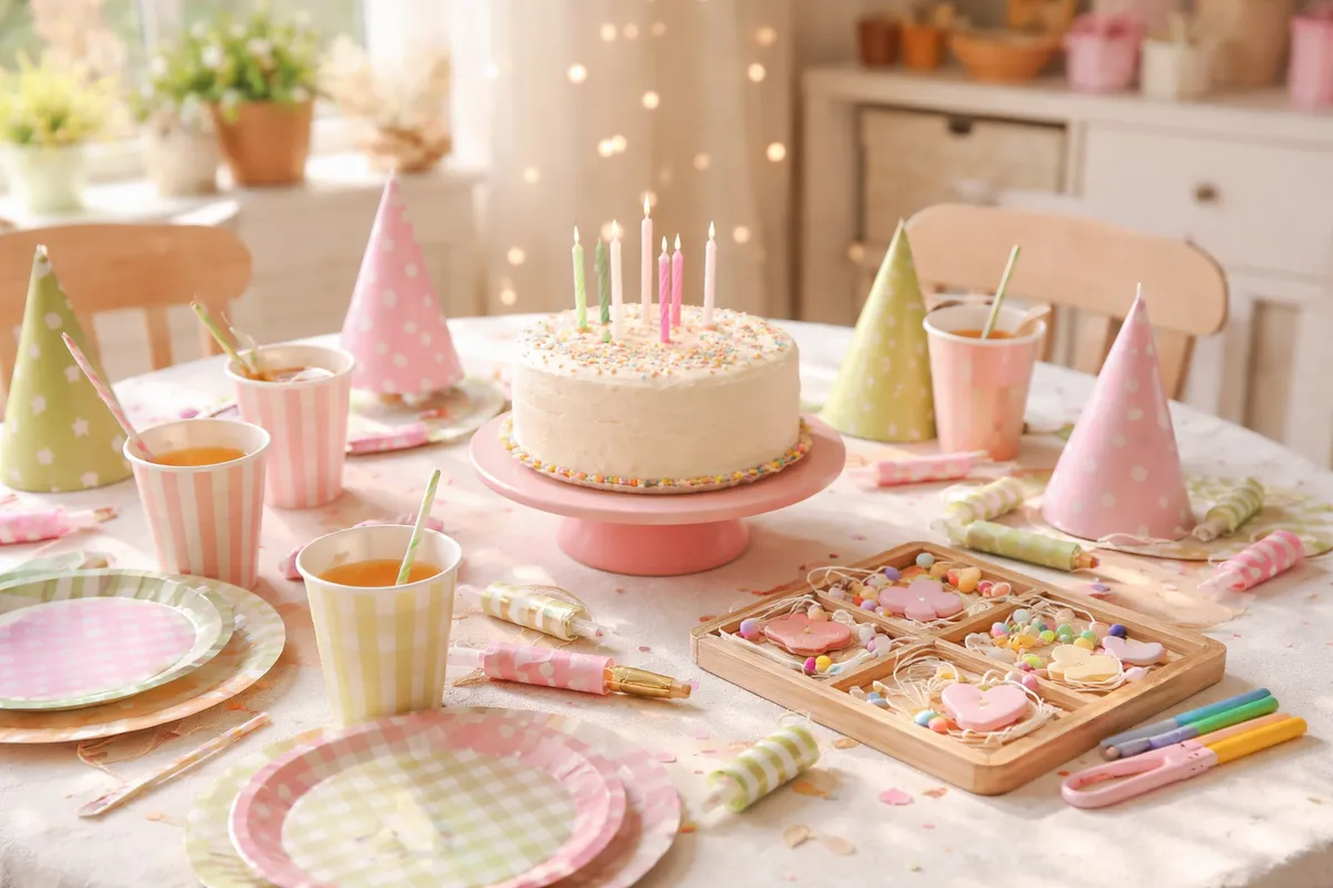 Une table de goûter d’enfants avec assiettes en carton, gobelets de jus, un gâteau simple orné de bougies, des chapeaux de fête et un petit kit de bricolage
