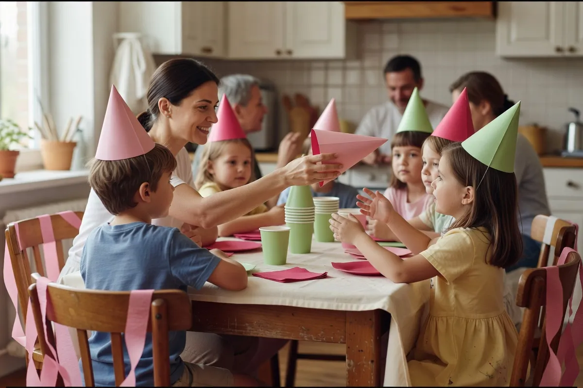 Une maman distribue des chapeaux de fête en papier à quelques enfants assis autour d’une table de cuisine