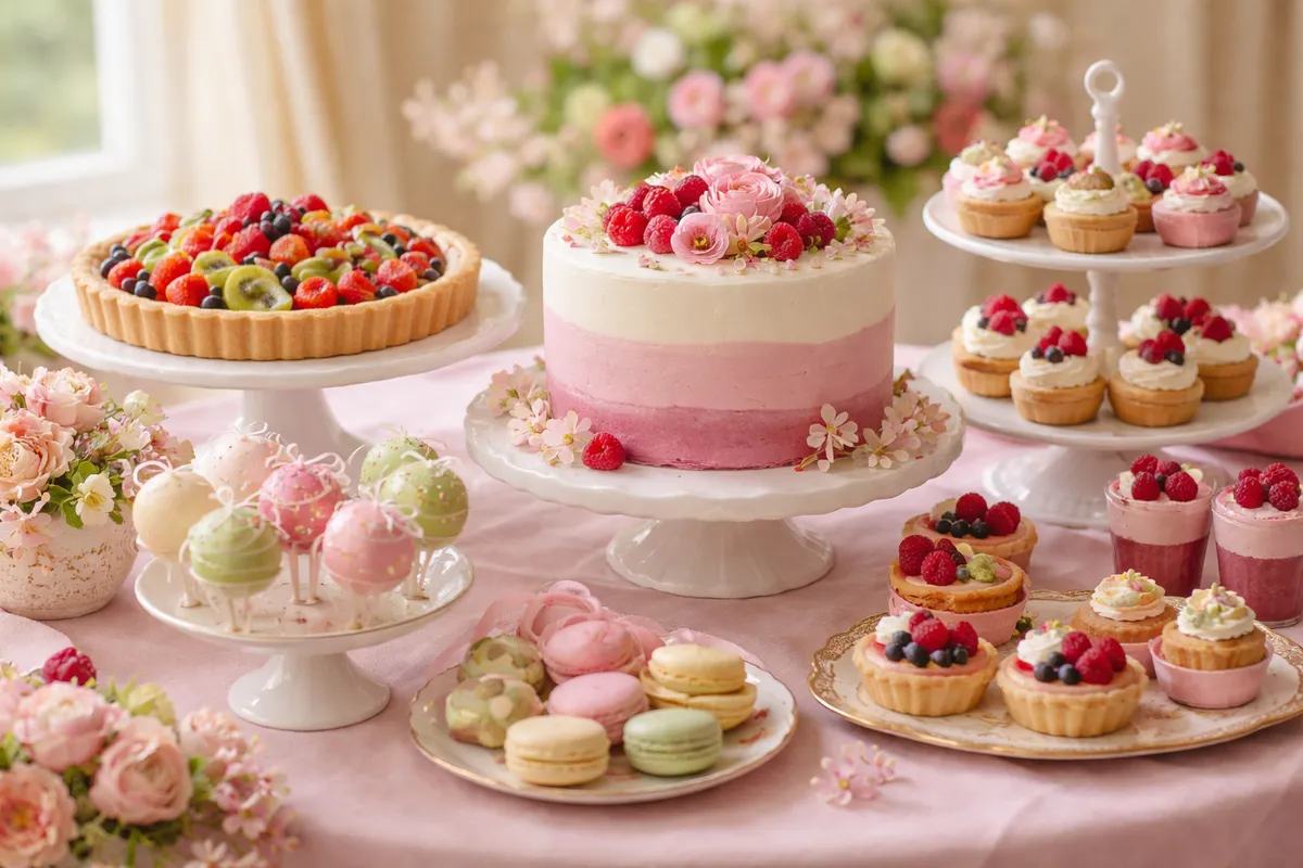 Une table de desserts avec un gâteau en couches rose, une tarte aux fruits, des cake pops, des macarons et des tartelettes sur des présentoirs