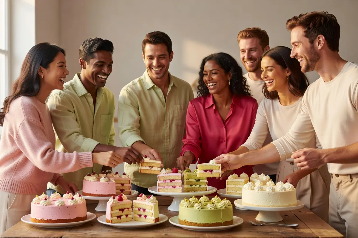 Un groupe d’amis choisit des parts de gâteaux sur un buffet de desserts, en riant