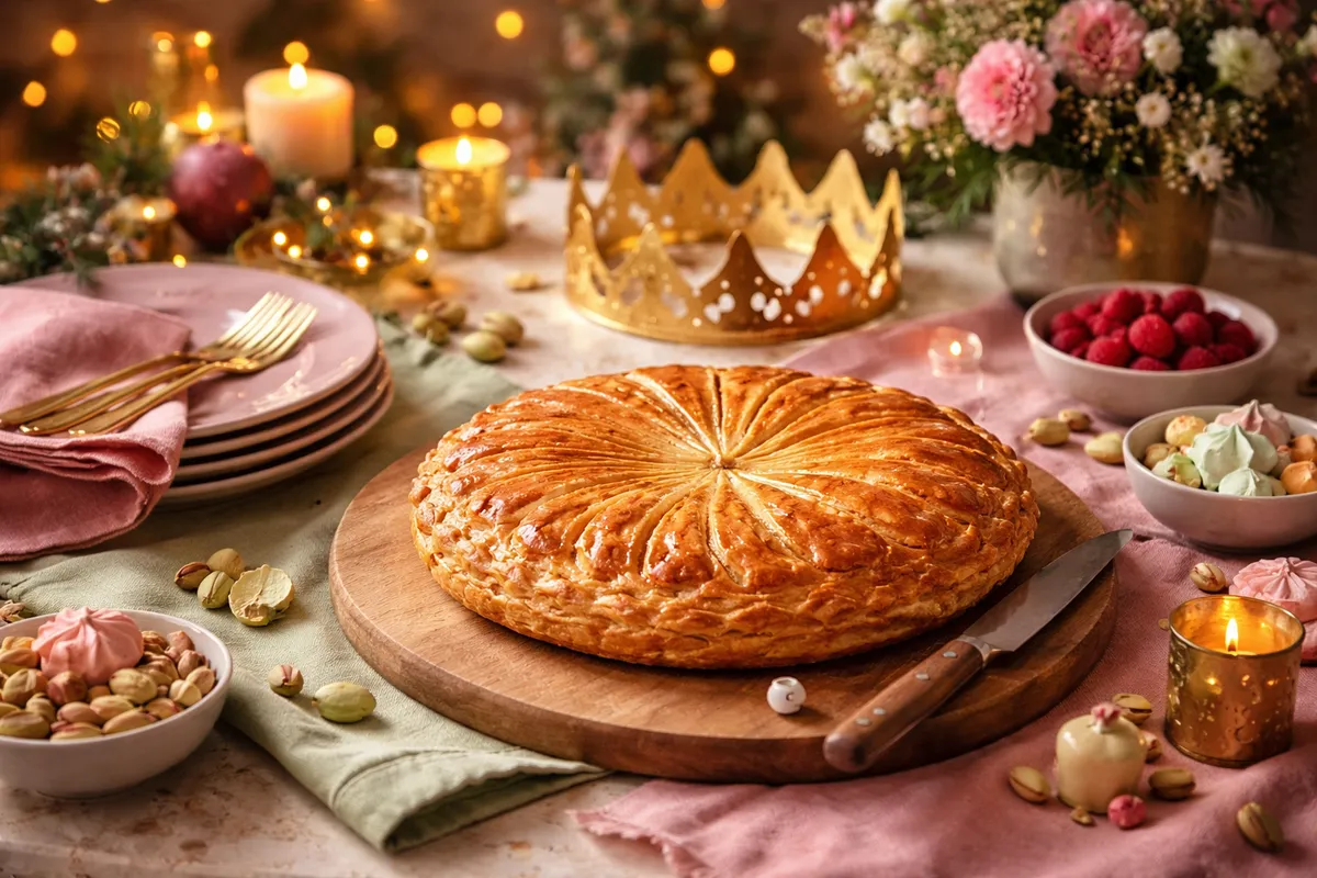 Une galette dorée sur une planche en bois, avec un couteau, une couronne dorée, des assiettes roses et des bougies