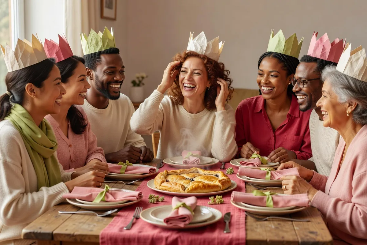 Un groupe de personnes de tous âges, coiffées de couronnes en papier, rit autour d’une table dressée pour la galette